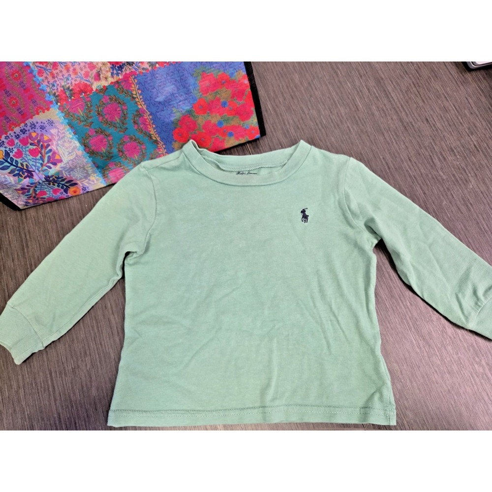 RALPH LAUREN Baby Boy 18M Green T-Shirt Long‎ Sleeve Embroidered Pony Logo
